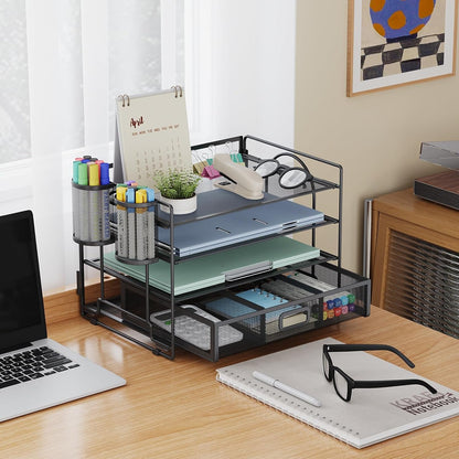 Marbrasse Desk Organizer and Accessories，4-Tier Paper Letter Tray Organizer with File Holder，Desk Accessories & Workspace Desktop Organizers for School Home Office Supplies (Blue)