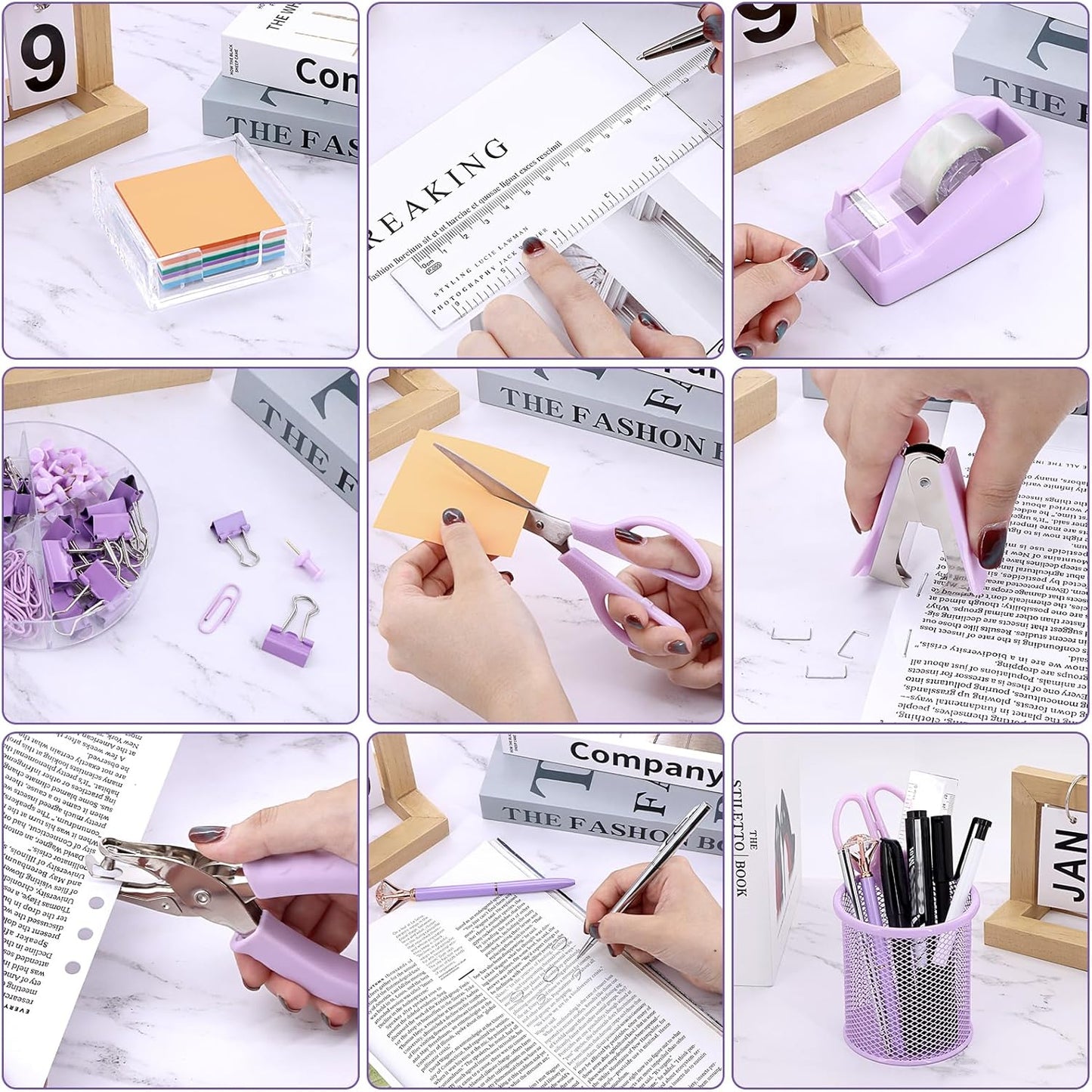 17 in1 Silvery Desk Organizers and Accessories Set, 3 Office Desk Supplies Storage Organization, 4 Pens, Stapler, Staples & Remover, Tape & Dispenser, Scissors, Ruler, Clips, Hole Punch Back to School