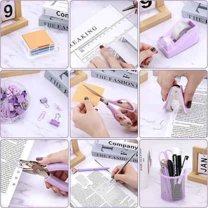 17 in1 Silvery Desk Organizers and Accessories Set, 3 Office Desk Supplies Storage Organization, 4 Pens, Stapler, Staples & Remover, Tape & Dispenser, Scissors, Ruler, Clips, Hole Punch Back to School