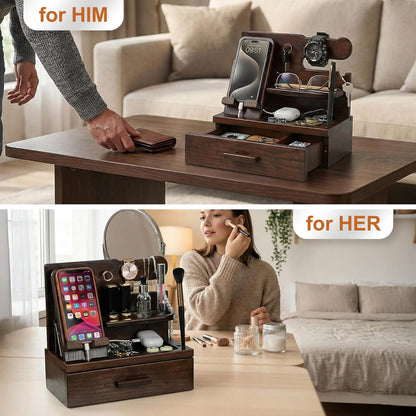 TESLYAR Wood Phone Docking Station with Drawer - Nightstand Organizer - Desk Organizer for Husband - Birthday Gifts for Men, Dad, Anniversary Idea, Key Holder Stand Watch & Accessories (Antique Brown)