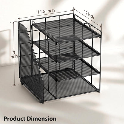 Desk Organizer, 4-Tier Metal File Organizer for Desk with Vertical File Holder, Office Accessories and Desktop Storage for Office Supplies (Black)