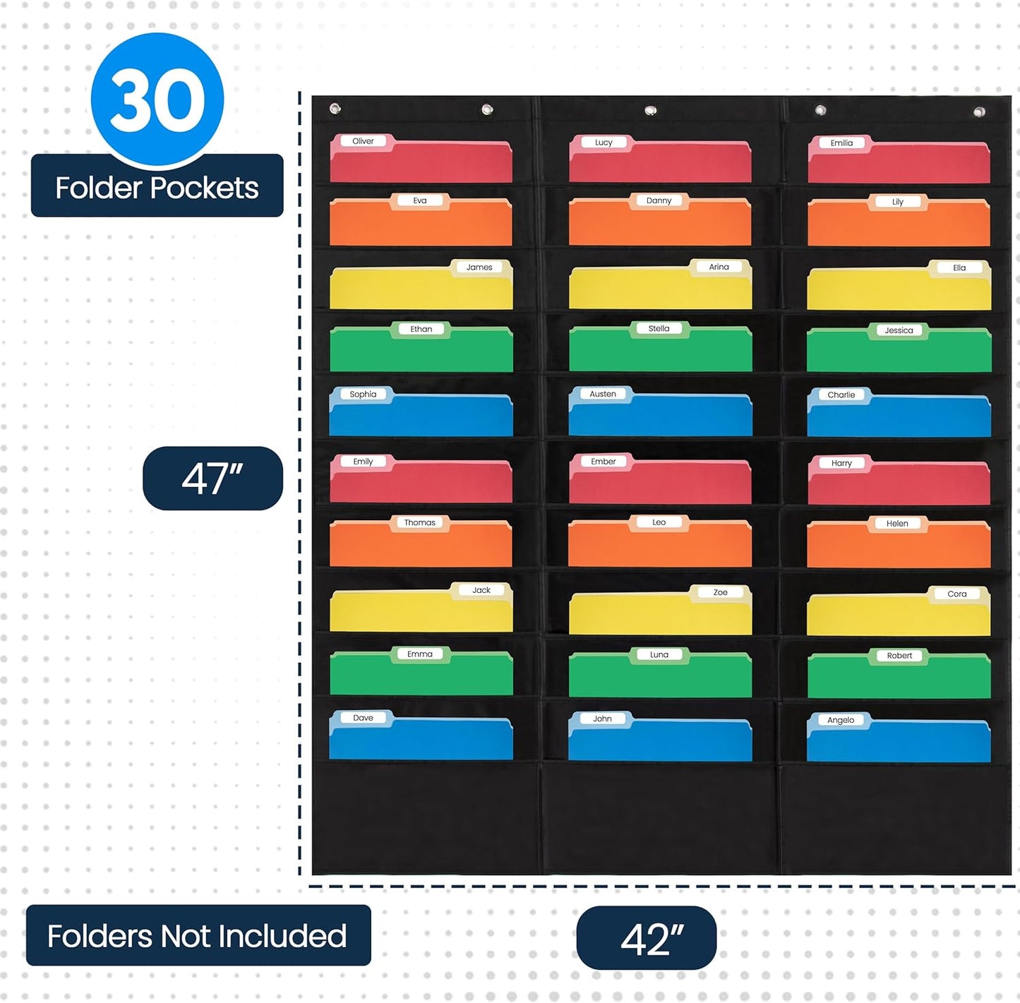 Essex Wares - 7 Pocket File Pocket Chart, Black, Tall - Versatile Wall Hanging File Folder Organizer for Classroom, Office, Home, and More - Wall Folder Organizer - 7 Pockets