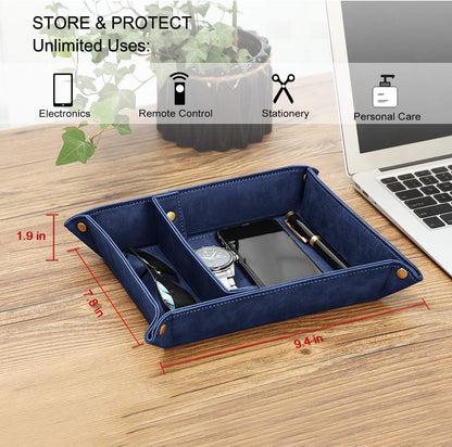 SITHON Valet Tray Desktop Storage Organizer, Removable 2 Compartments Catchall Tray Bedside Vanity Nightstand Caddy Holder Desk Storage Plate, Valentine's Day Gift, Brown