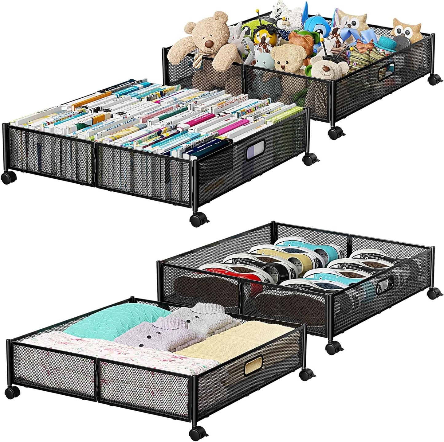 PHINOX Under Bed Storage Containers with Wheels, Under Bed Shoe Storage Organizer Drawer, Tool-free Assembly Metal Storage Containers for Bedroom Clothes Shoes Blankets -2PCK