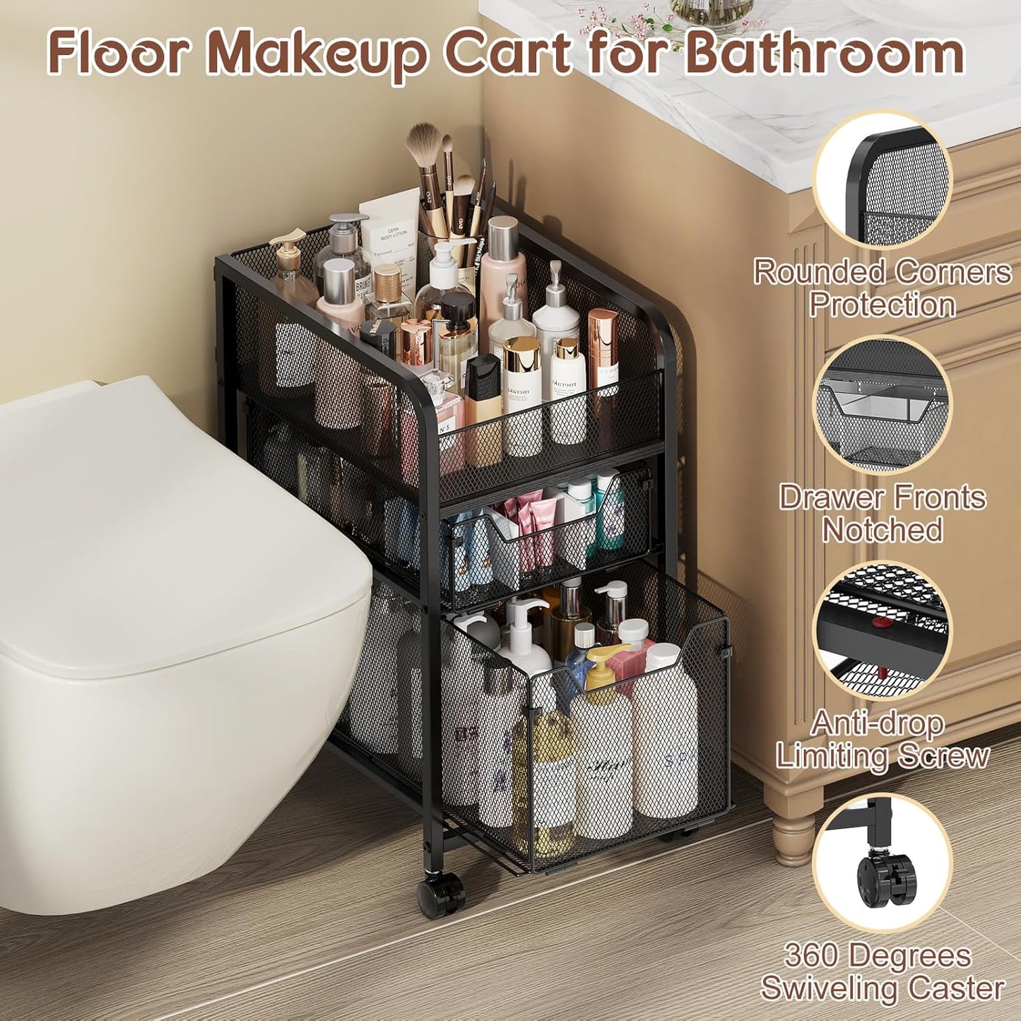 Hongtamoya Rolling Makeup Cart Organizer with 2 Drawers, Narrow Floor Skincare Organizers, Vanity Organizer Cosmetics Display Cases Holder for Skin Care Nail Polish Perfume Makeup Brush, White