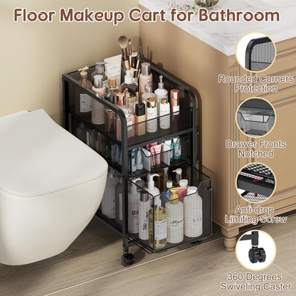 Hongtamoya Rolling Makeup Cart Organizer with 2 Drawers, Narrow Floor Skincare Organizers, Vanity Organizer Cosmetics Display Cases Holder for Skin Care Nail Polish Perfume Makeup Brush, White