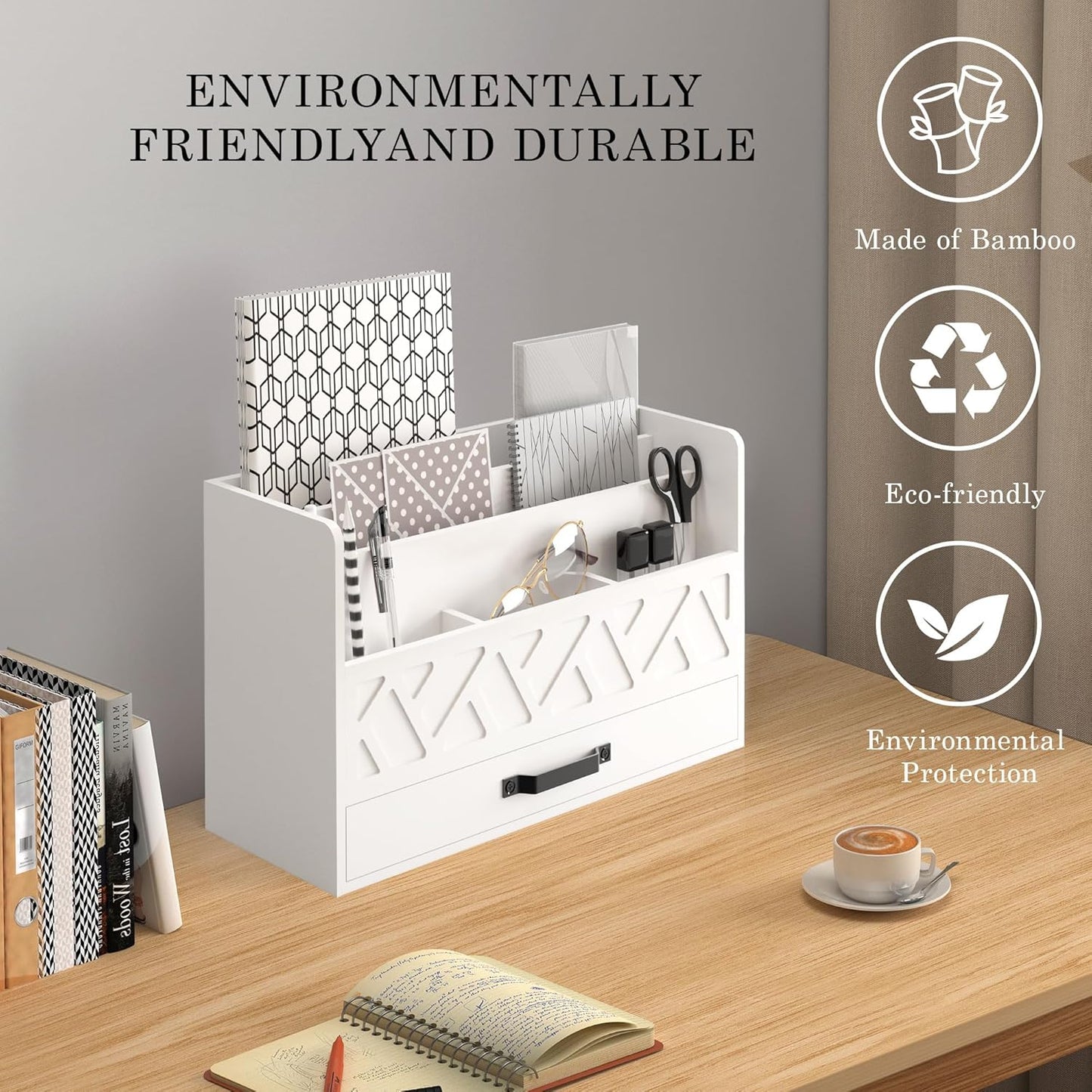 WISUCART Bamboo Desk Organizer Mail Holder Countertop Wood Desk Drawer Tabletop Storage Box Pen Holder Letter Sorter Makeup Organizer for School Home Office Supplies with Pen Holder White