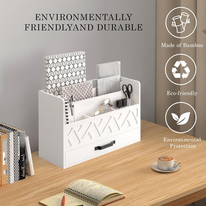 WISUCART Bamboo Desk Organizer Mail Holder Countertop Wood Desk Drawer Tabletop Storage Box Pen Holder Letter Sorter Makeup Organizer for School Home Office Supplies with Pen Holder White