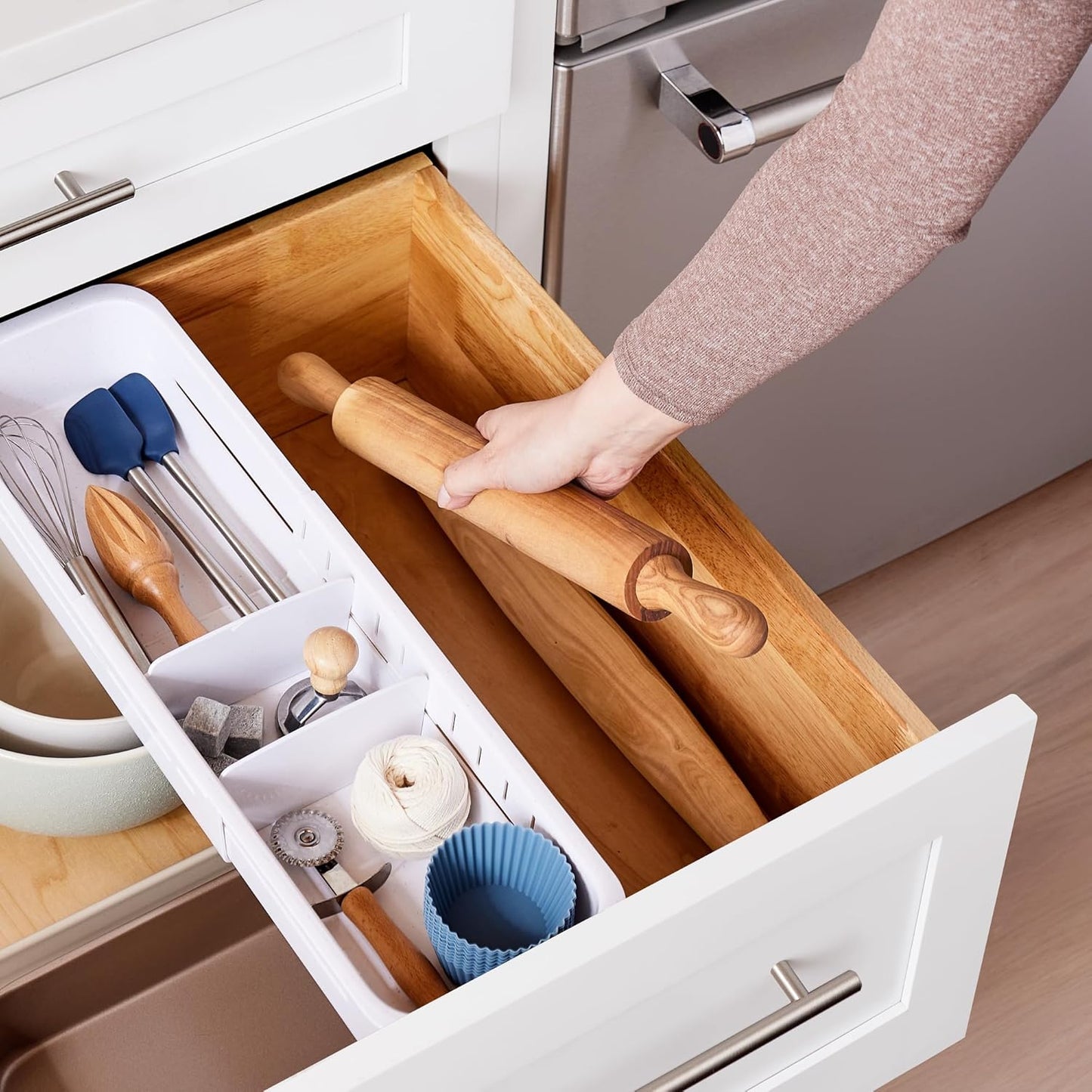 YouCopia DrawerFit Sliding Drawer Tray with Adjustable Dividers, Expandable Kitchen Storage Organizer, Speckled White