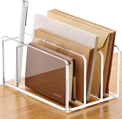 SANRUI 5 Compartments Acrylic Mail Sorter Holder, Clear Document Magazine Envelope File Rack, Vertical Letter Sorter & Multifunction Desk Organizer for Bills, Documents, Notebooks
