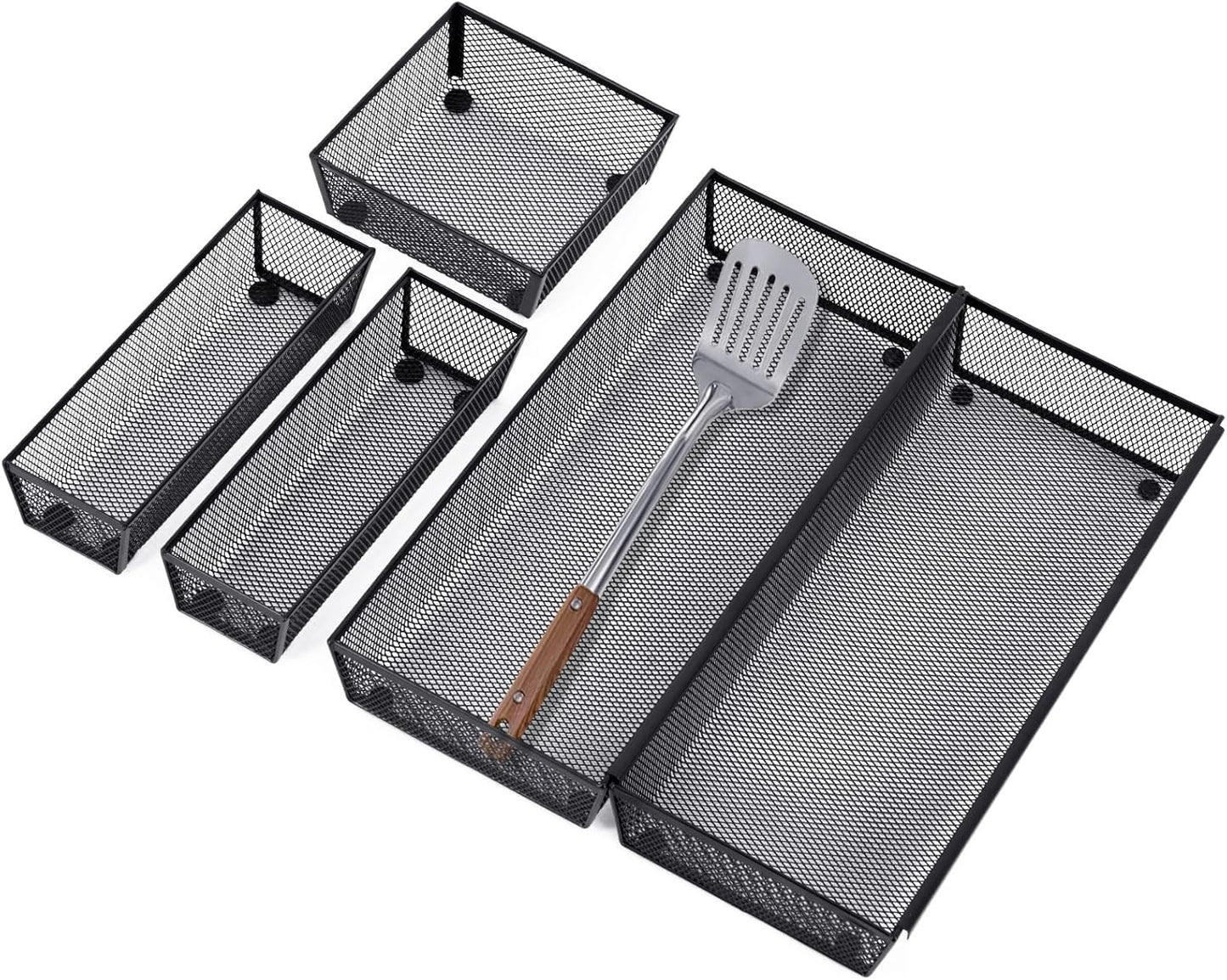 Neudeco Drawer Organizer Set 6 Pack - 5-Compartment Silverware Organizer Tray + 5 Utensil Trays, Kitchen Drawer Organizer for Flatware, Cutlery, Office Supplies, Black Mesh, Non-Slip.