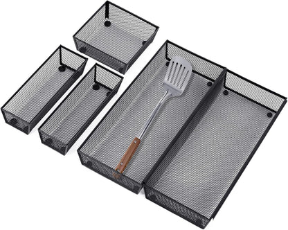 Neudeco Drawer Organizer Set 6 Pack - 5-Compartment Silverware Organizer Tray + 5 Utensil Trays, Kitchen Drawer Organizer for Flatware, Cutlery, Office Supplies, Black Mesh, Non-Slip.