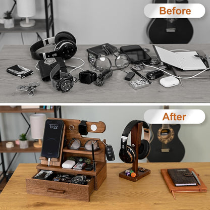 TESLYAR Wood Phone Docking Station with Drawer - Nightstand Organizer - Desk Organizer for Husband - Birthday Gifts for Men, Dad, Anniversary Idea, Key Holder Stand Watch & Accessories (Antique Brown)