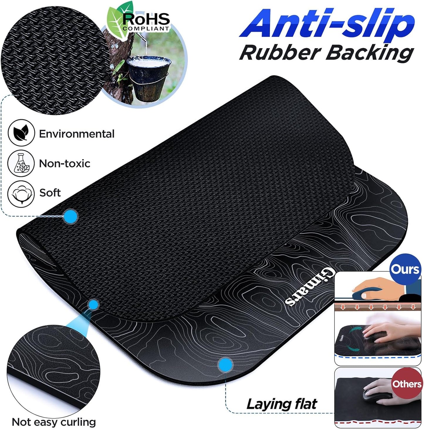 Gimars Elongate Smooth Lycra Fabric Ergonomic Mouse Pad Wrist Support, Gel Memory Foam Cushion Set Keyboard Wrist Rest Support, Pain Relieve for Computer, Laptop, Office, School, Home, Gaming, Black