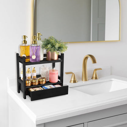 Sorbus Bamboo Bathroom Counter Organizer – 2-Tier Shelf with Hidden Drawer for Vanity, Matcha Station, Bathroom Sink Organizer Countertop, Kitchen & Office Storage (13″ L x 6.5″ W x 12.6″ H)