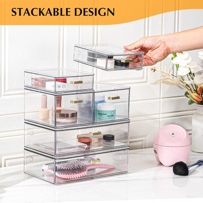 LALOBLUE Set of 5 Stackable Storage Drawers, Clear Acrylic Organizer Bins for Beauty Supplies, Perfect for Makeup Vanity, Undersink, Kitchen, Cabinet,Pantry Organization and Storage