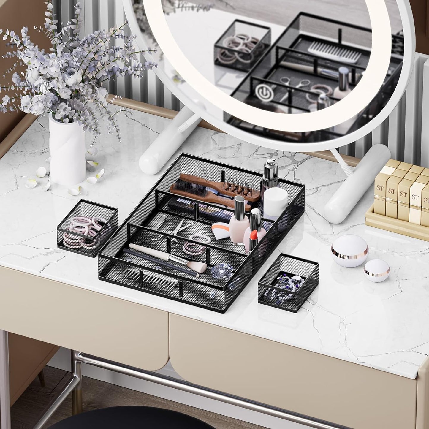 Marbrasse 3 Packs Desk Drawer Organizers, Metal Mesh Dividers Desk Drawer Organizer Tray with 9 Adjustable Compartments, Pen Organizer for Drawer Tray Box Accessories for Desktop,Kitchen, Makeup