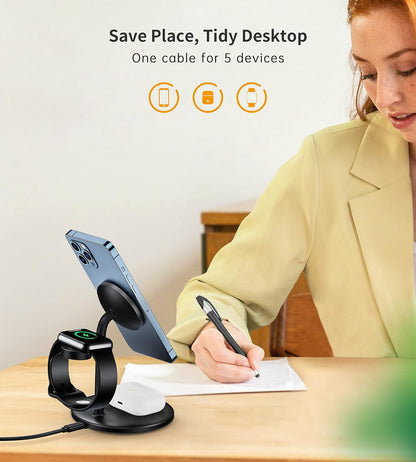 XooFly 3 in 1 Wireless Charging Station for Apple Devices, Fast Wireless Mag-Safe Charger Stand with 20W Adapter for iPhone 17 16 15 14 13 12 Pro Max/Air/Plus/Pro,iWatch,AirPods-Gift for Wife&Husband