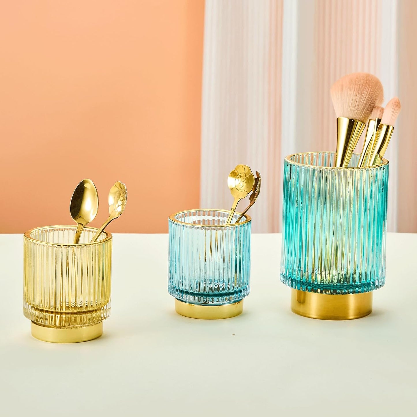 Makeup Brush Holder Organizer,Toothbrush Holders,Desk Pen Pencil Holder,Multifunctional Vintage Glass Brush Cup（L/Green/A3-6-US）