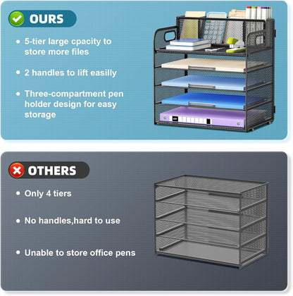 Marbrasse 5-Tier Letter Tray Paper Organizer with Handle, Multi-Functional Mesh File Organizer for Desk, Adjustable Compartments Mesh Desktop Storage for Office Supplies,Black