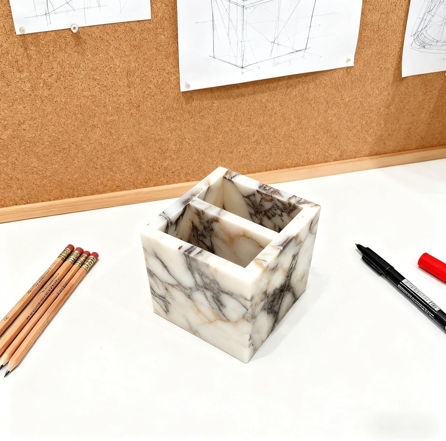 Marble Pen Holder, White Stone Rectangular Desktop Organizer, Office Study Makeup Brush Storage, Home Desk Decor, Minimalist Design, Durable Marble Accessory