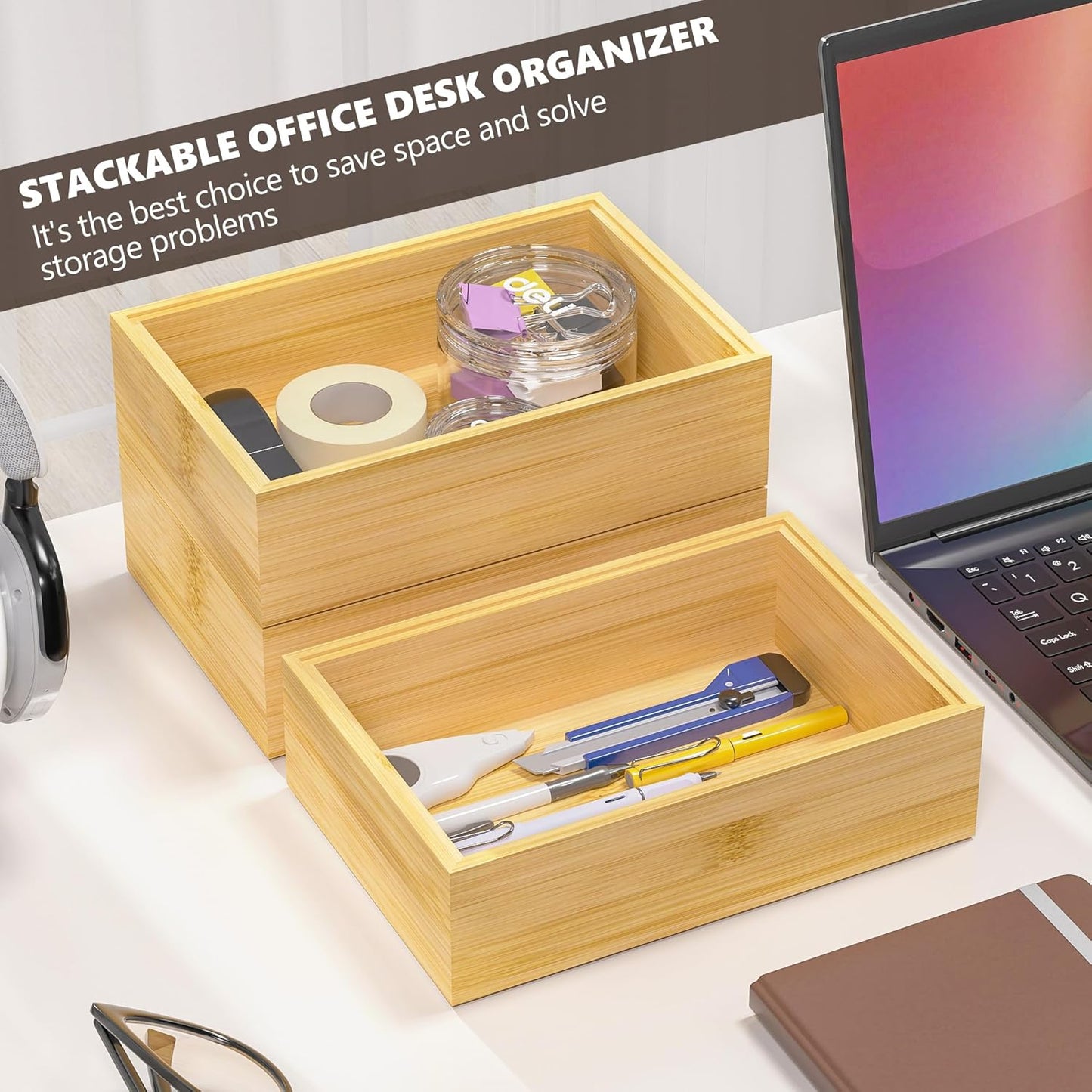 Kitchen Drawer Organizer Bins, Stackable Bamboo Drawer Organizer for Silverware, Flatware, Coffee Pod Organizer K Cup Holder for Countertop, 2 Pcs Coffee Station Organizer 12" x 6" x 2.5"
