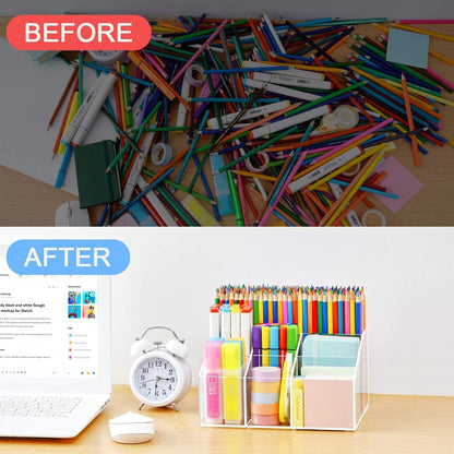 VITVITI Acrylic Desk Organizer, Upgraded Clear Pencil Organizer for Desk, 7 Compartments Stationary Pen Organizer Storage with Drawer, for Office Supply, 500+ Pencils Capacity