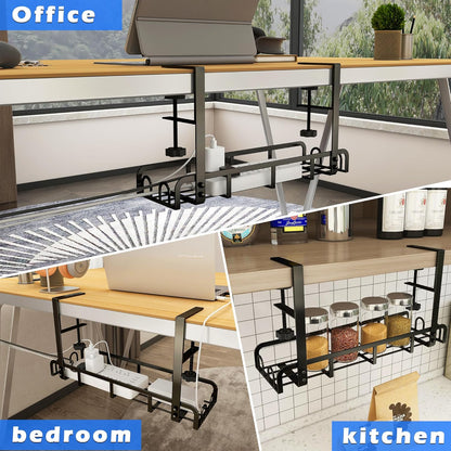 Sleclean Under Desk Cable Management Tray, 2 Pack, 16.6"x4.7" Steel Cable Organizers With Upgraded Long Arm Clamp, No Drill Wire Management for Home - No Damage to Desk