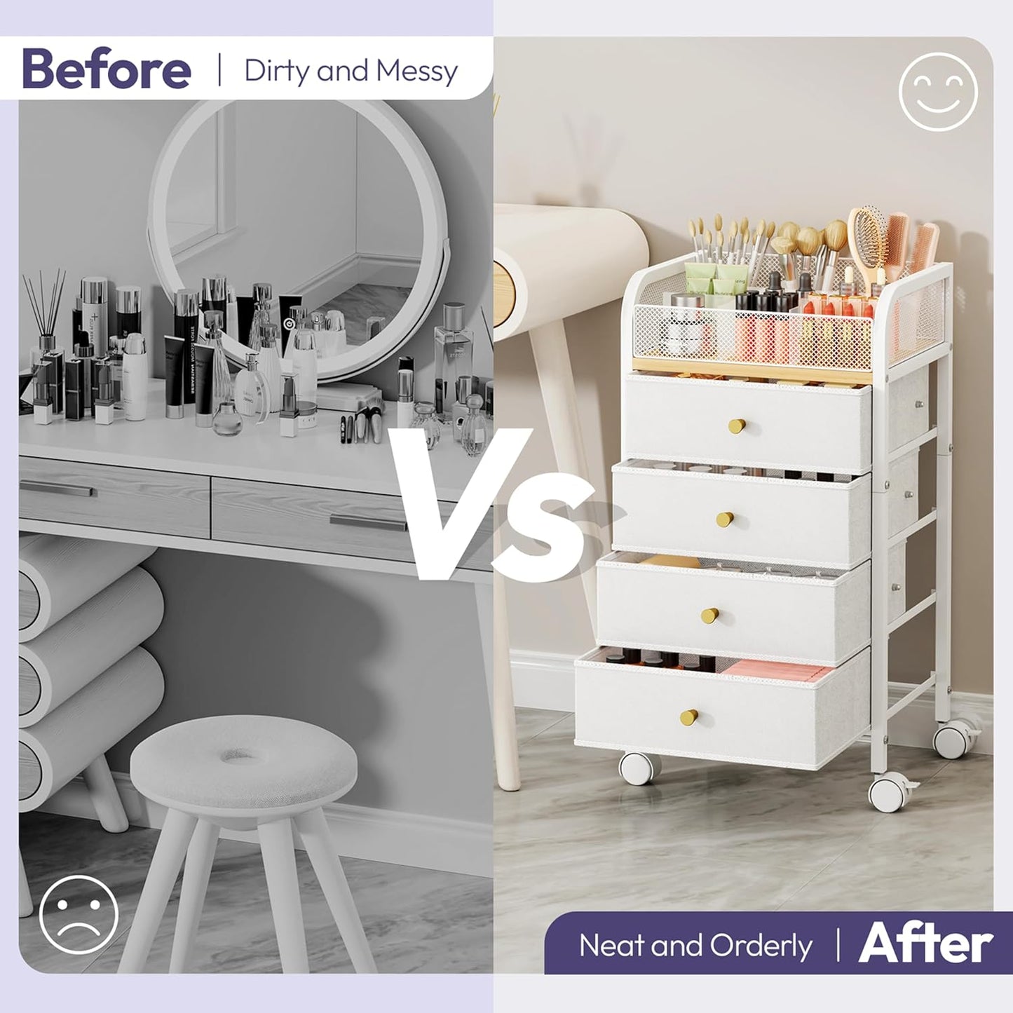 SWTYMIKI Rolling Makeup Organizer Cart - Under Desk Vanity Makeup Storage with 3 Non-woven Drawers, Nail Cart Organizer Cosmetic Display Cases Cabinet for Skin Care Perfume Nail Polish Brush Hair Tool