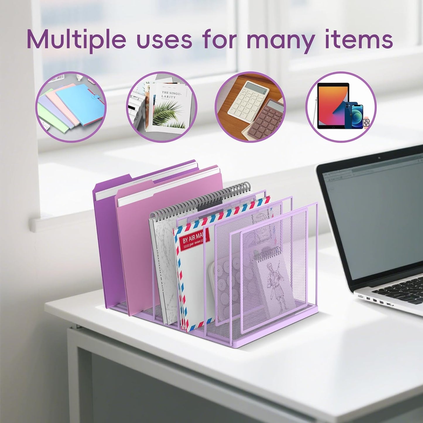 File Organizer for Desk, 5-Section Vertical File Sorter, Paper Holder Organizer Standing Metal File Folder for Office Home Classroom, Black