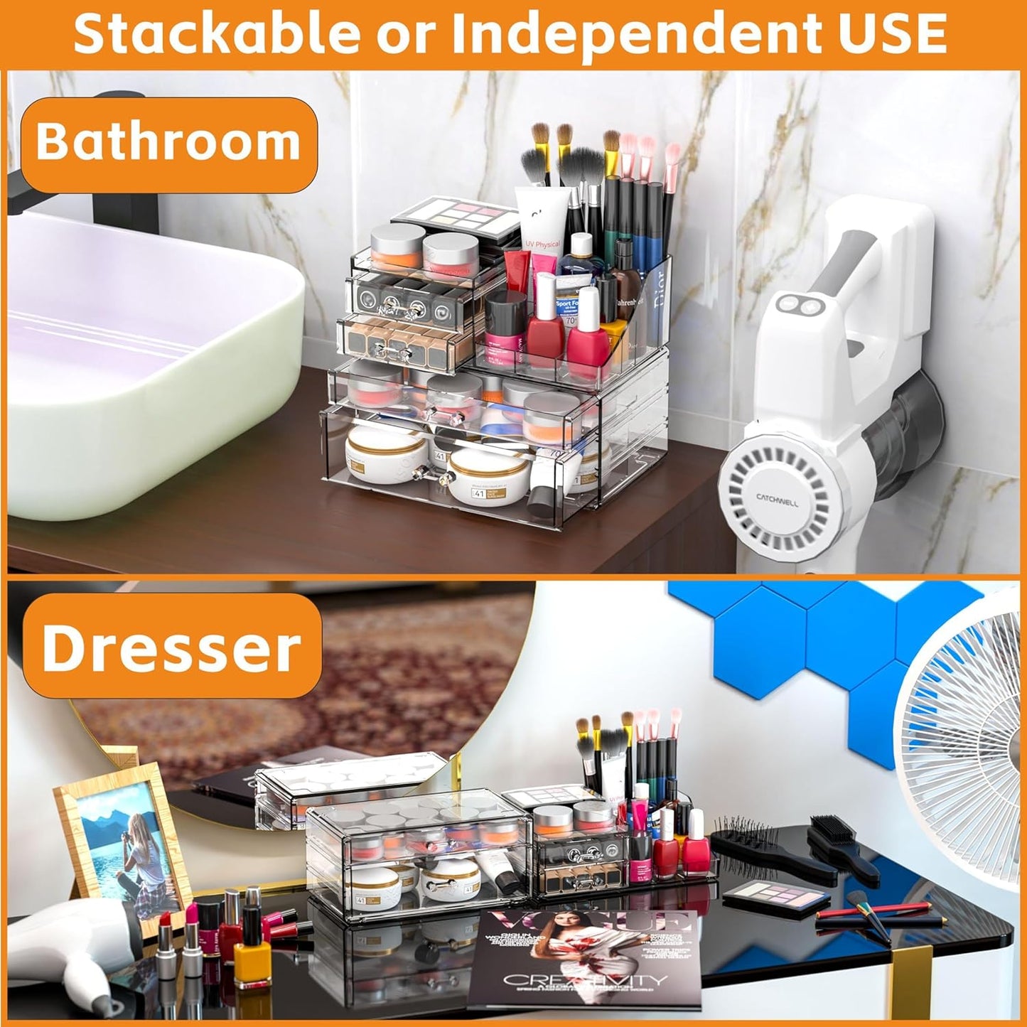 Acrylic Clear Makeup Organizer Countertop,Stackable Skincare Organizer for Vanity With 8 Drawers,Large Plastic Desk Accessories Organization,Bathroom Cosmetic Organizer Countertop for Beauty,Skin Care
