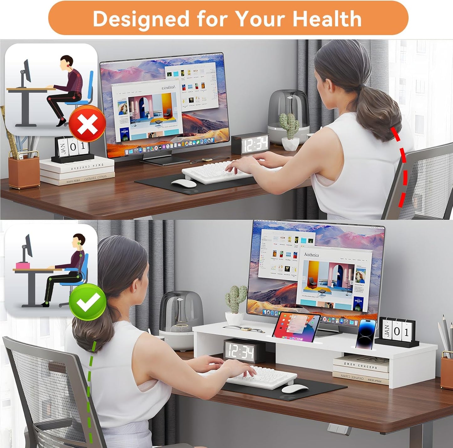 Qupui Computer Monitor Stand Riser with Drawer and Pen Holders, Desk Organizer Shelf and Accessories, Office Desk Accessories, Office Organization, Black