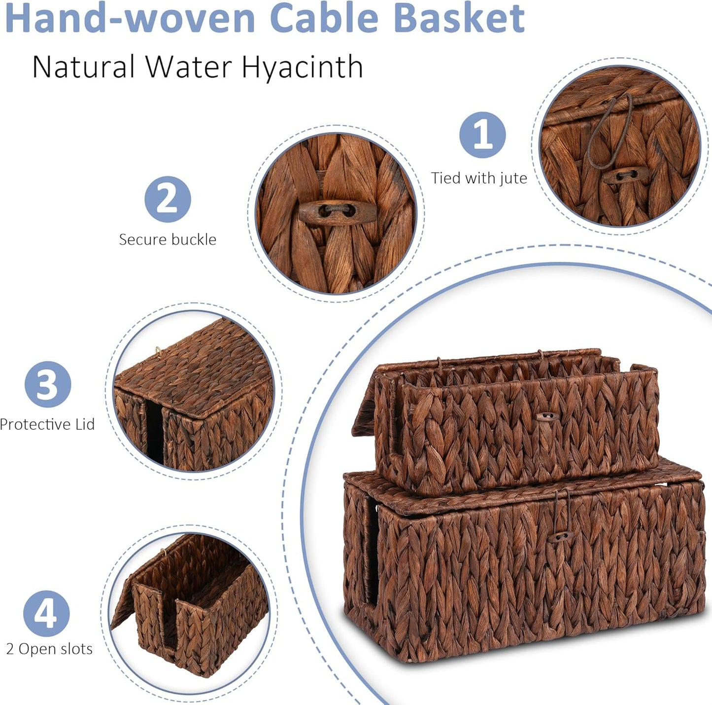 efluky 2 Pack Plastic Cable Management Boxes, Hand-Woven Cord Organizer Box with Lid, 2 Open Slots Cable Organizer Basket to Hide Power Strip and Charger for Home & Office and Dorm,Natural
