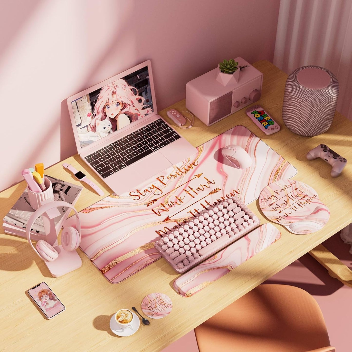 Desk Mat Set + Keyboard and Mouse Pad with Wrist Rest Support,4-in-1 Large Mousepad Computer Mats for Desktop Home & Office-Purple Butterflies