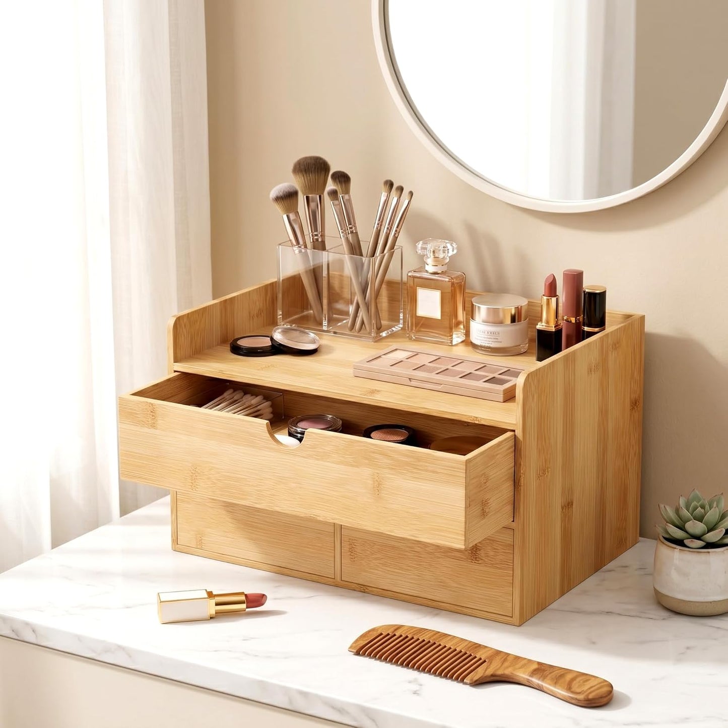 Desk Organizer with Drawers - Bamboo Desktop Organizer Storage | Wood Desk Drawers Organizer for Bills, Office Supplies, Cosmetics, Seals No Assembly Required (3 Drawer with Big Drawer)