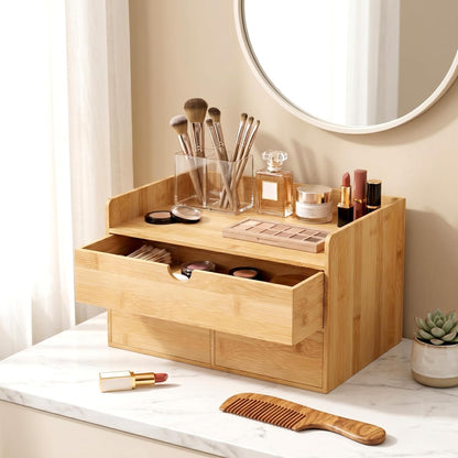 Desk Organizer with Drawers - Bamboo Desktop Organizer Storage | Wood Desk Drawers Organizer for Bills, Office Supplies, Cosmetics, Seals No Assembly Required (3 Drawer with Big Drawer)