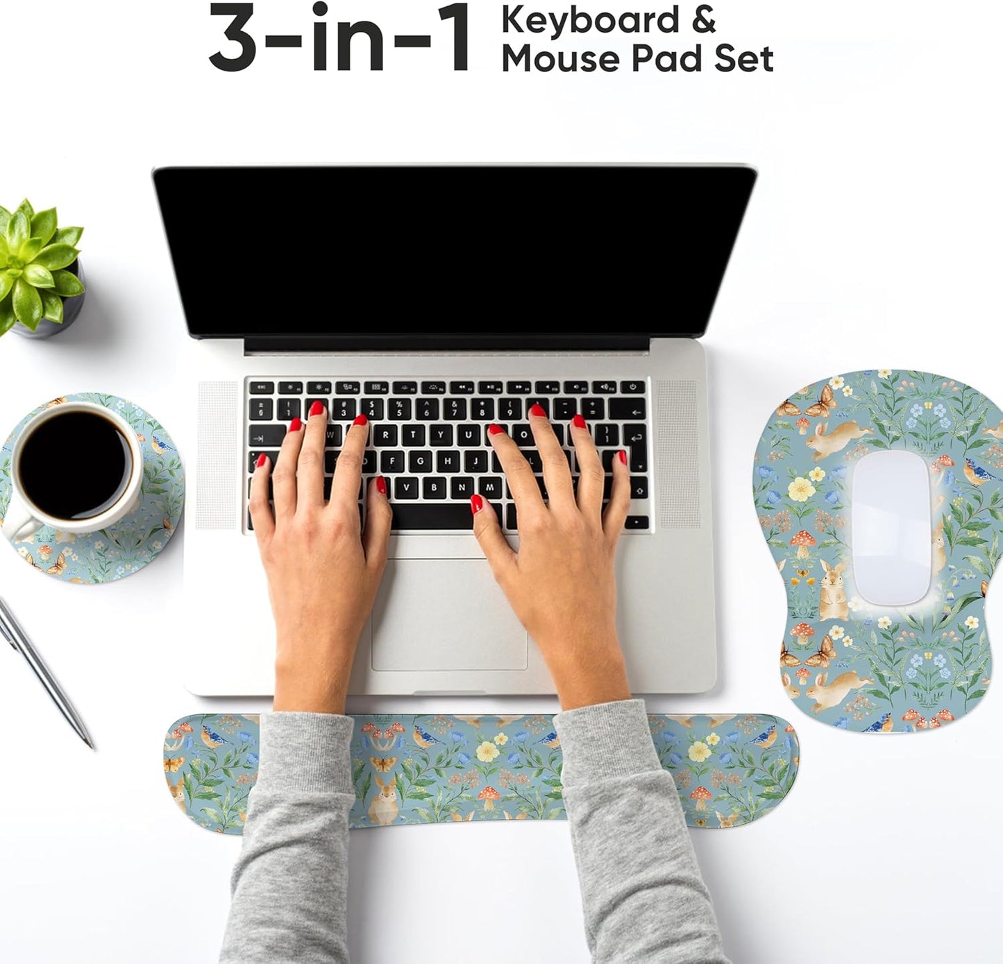 Wrist Rest Support for Mouse Pad Keyboard Set Circle Coaster Gaming Mouse Pad Ergonomic Gel Memory Foam Set for Computer, Laptop, Office, Pain Relief, Comfortably Typing Flowers KM-39