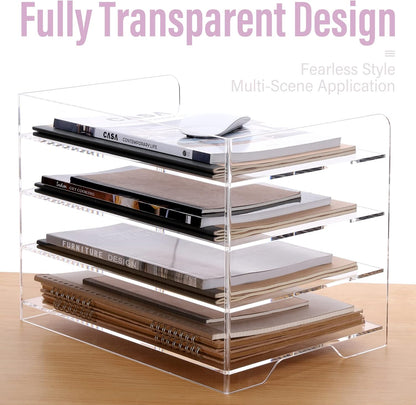 SANRUI 4 Tier Clear Desk Paper Letter Organizer Trays, A4 Stackable File Document Tray, Acrylic Desk Organizers and Accessories Sorter, Workspace Office Supplies Organizers,12.4inx8.86inx6.64in