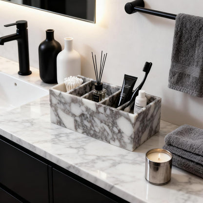 Marble Pen Holder, White Stone Rectangular Desktop Organizer, Office Study Makeup Brush Storage, Home Desk Decor, Minimalist Design, Durable Marble Accessory