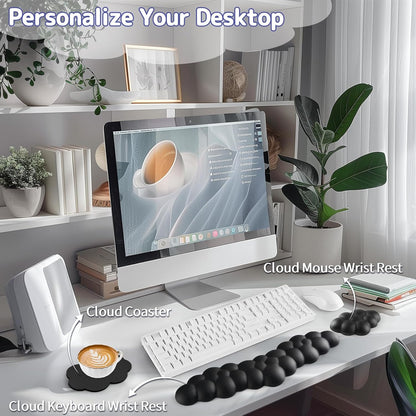 Sushret Cloud Wrist Rest for Keyboard and Mouse, Memory Foam PU Leather Keyboard Wrist Rest with Ergonomic Support, Non-Slip Base, Cute Arm Rest Pad & Palm Cushion, Office Desk Accessory, White