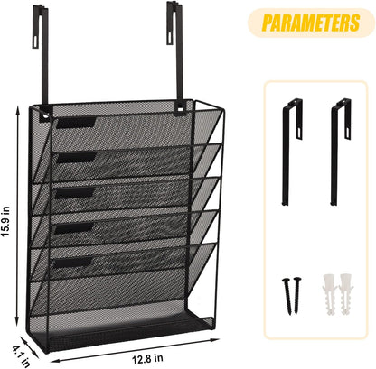 EASEPRES Desk File Organizer Mesh 6-Tier, Hanging Wall Mount Document Organization Stand, Desktop Vertical Mail Paper Folder Holder Rack with Bottom Tray for Office Home Cubicle Countertop, Black