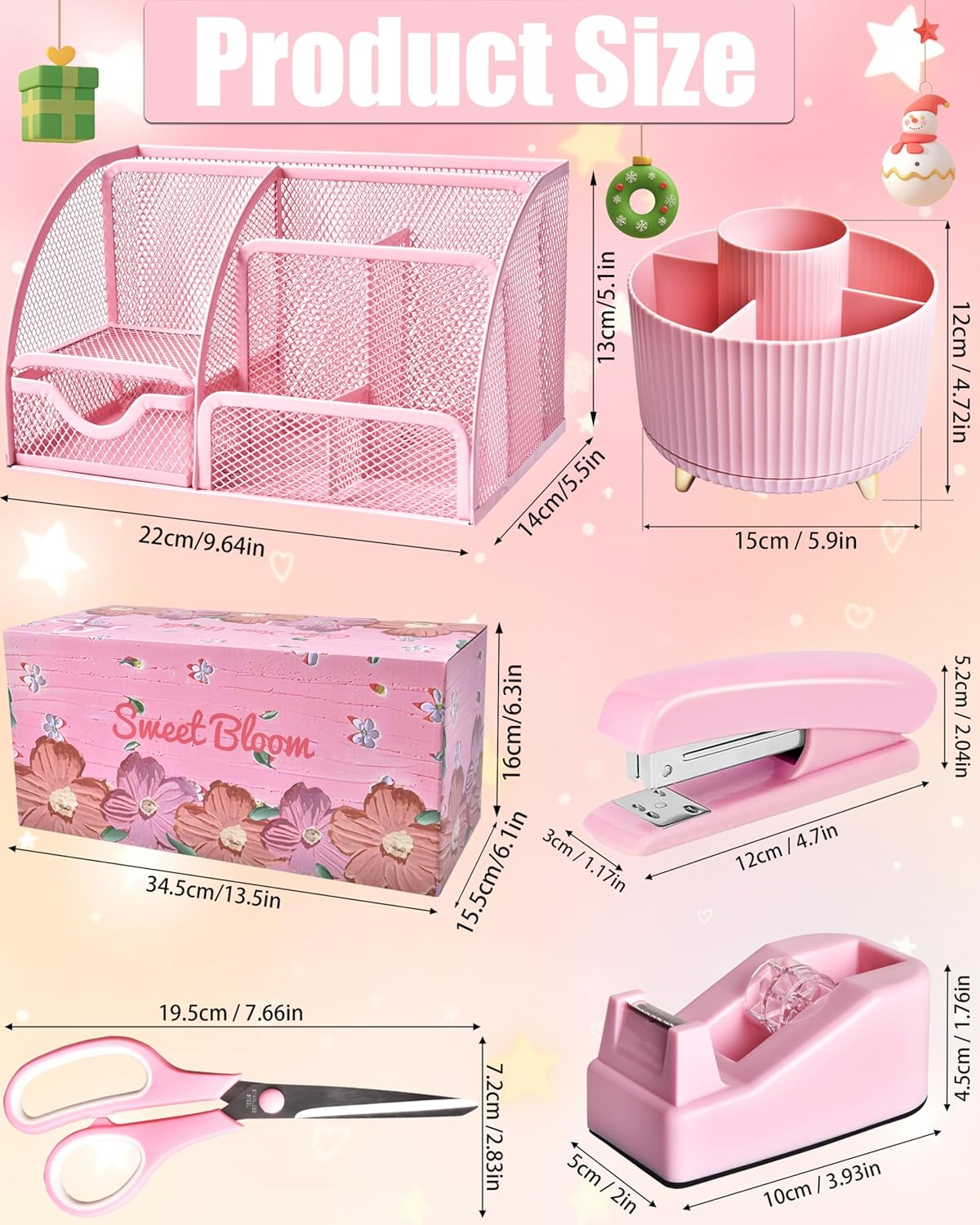 LXEVIHK 21Pcs Pink Desk Organizers and Accessories With Mesh Desk Organizer and 360°Rotating Pen Holder and a Lot of Office Pink Office Supplies Beautifully Presented in a Gift Box