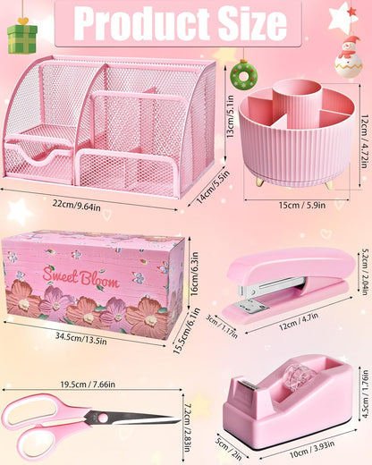 LXEVIHK 21Pcs Pink Desk Organizers and Accessories With Mesh Desk Organizer and 360°Rotating Pen Holder and a Lot of Office Pink Office Supplies Beautifully Presented in a Gift Box