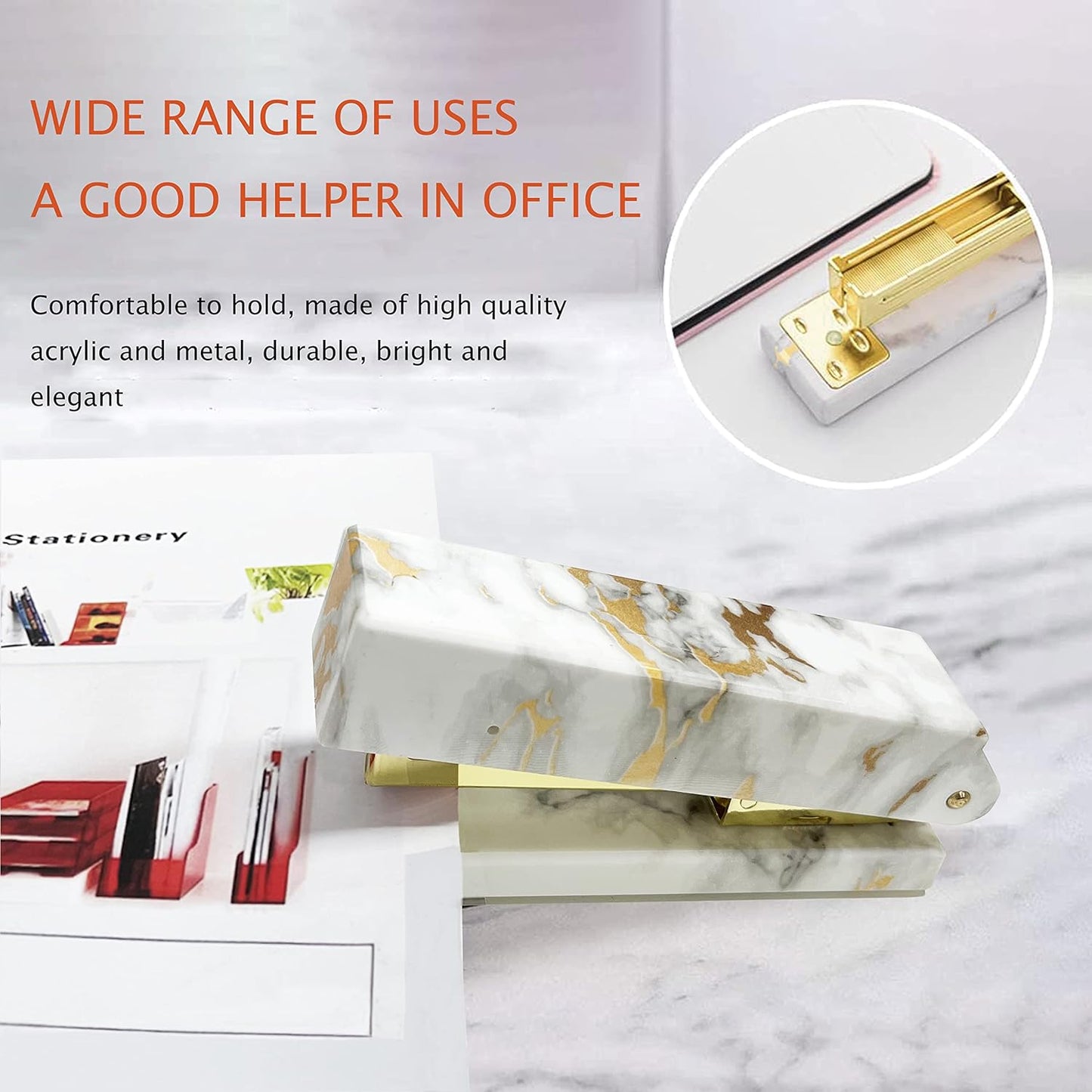 Famassi Rose Gold Desk Accessories，Office Supplies Set Acrylic Stapler Set Staple Remover, Tape Holder, 2 Ballpoint Pen, Scissor, Binder/Paper Clips and 1000pcs Staples.