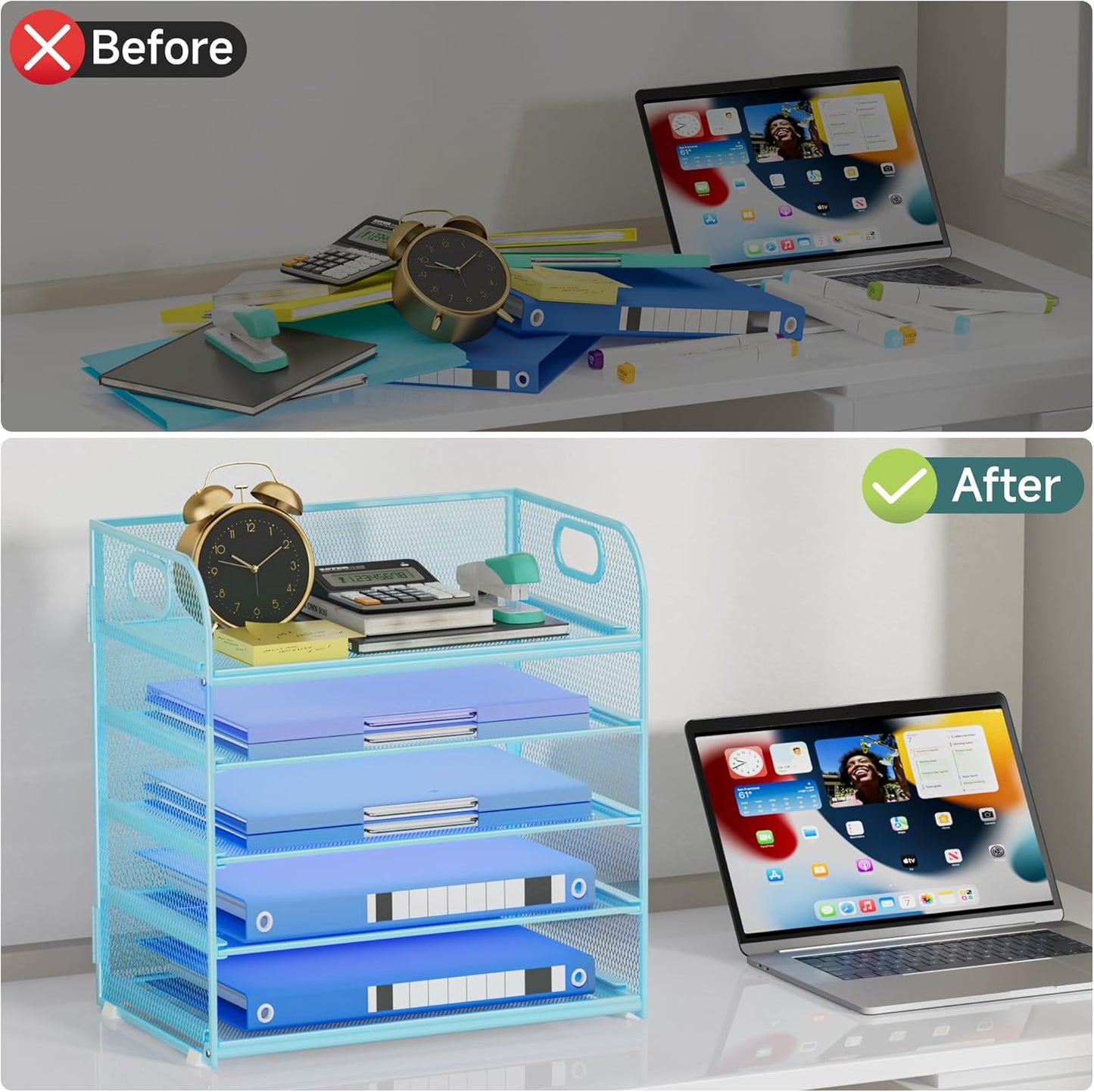 Paper Organizer Letter Tray with Handle, 5-Tier Black Stackable Desk Organizer with Metal Mesh, Sturdy Paper Tray for Office Desk, Home & Classroom Supplies Storage