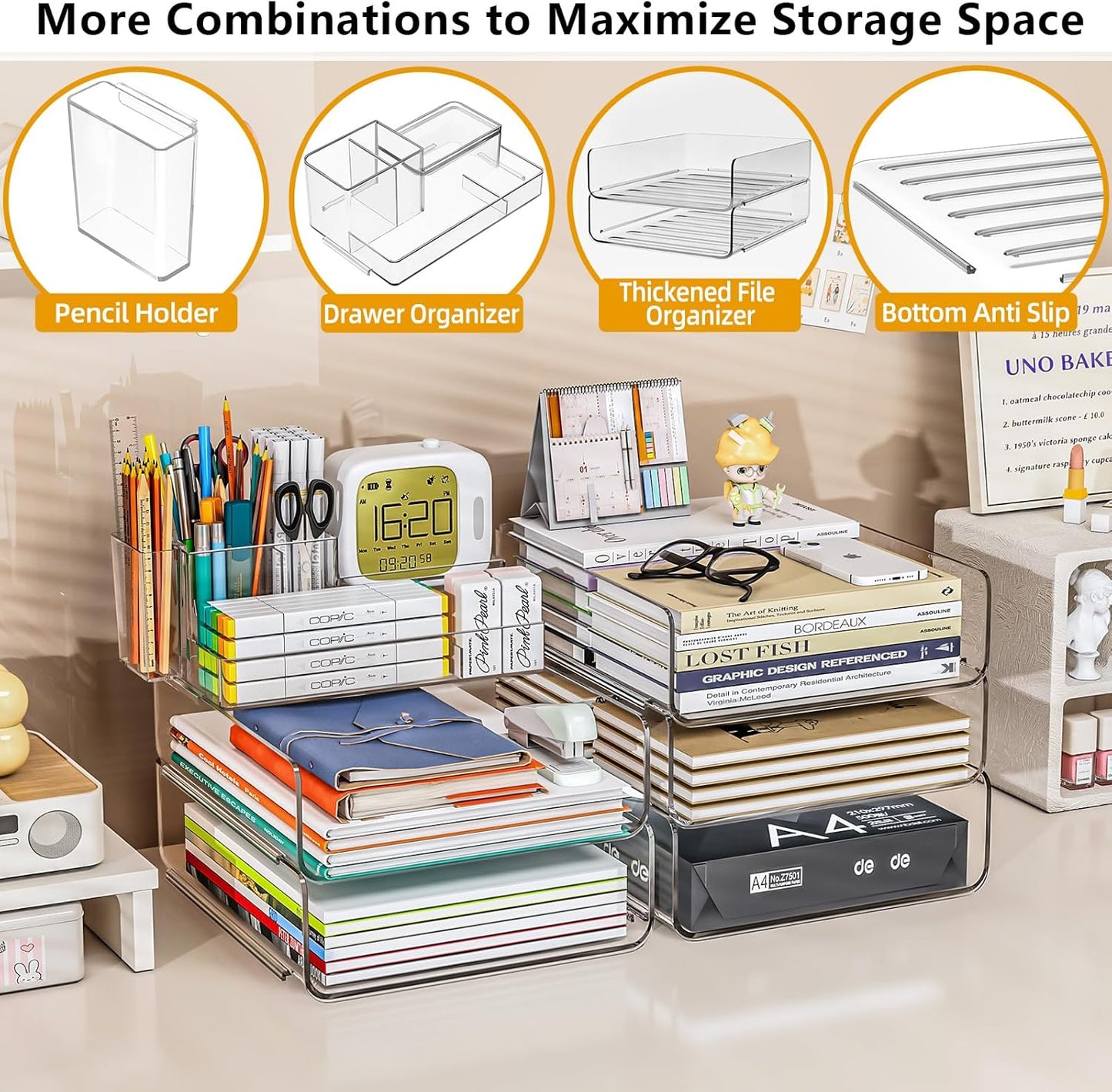 Paper Organizer Letter Tray - Acrylic Stackable Desk File Organizer with 5-Gird Tray and Pencil Holder, Clear File Organizer for Desk, Office Organizer for File Paper, Ipad, Letter, Small Item Etc