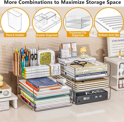 Paper Organizer Letter Tray - Acrylic Stackable Desk File Organizer with 5-Gird Tray and Pencil Holder, Clear File Organizer for Desk, Office Organizer for File Paper, Ipad, Letter, Small Item Etc