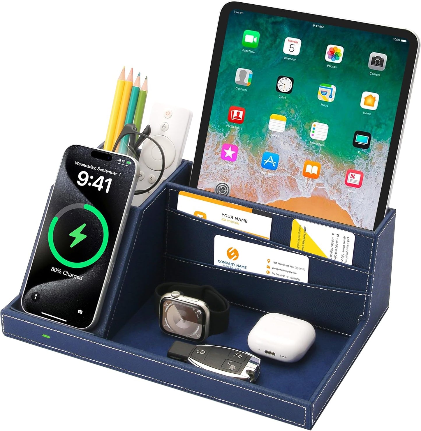 Fast Wireless Charging Station with Desk Organizer for iPhone 17/16/15/15 Pro/14/14 Pro Max/14 Pro/14 Plus/13/13 Pro Max/13 Pro/and iPhone 12/11 Series, Nightstand Desktop Organizer, Brown