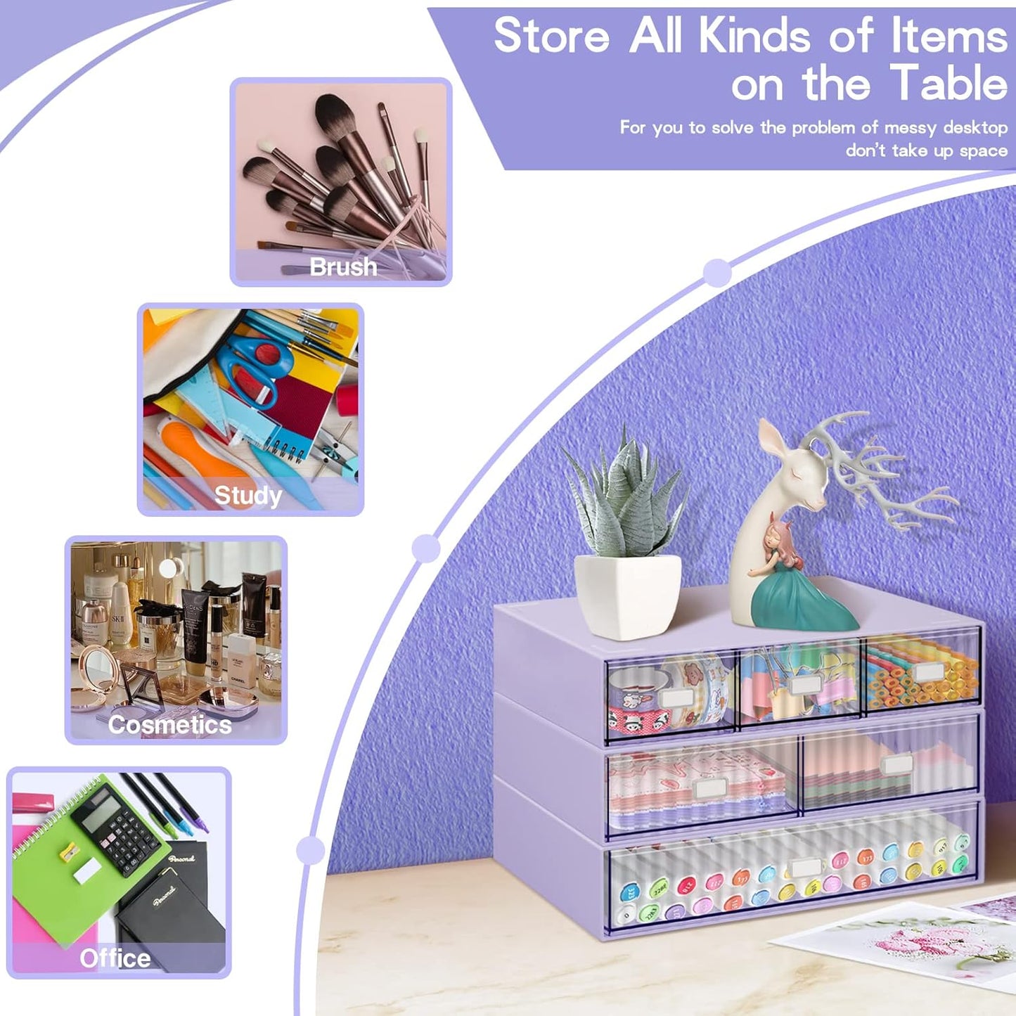 3 Tier Stackable Desk Organizer with 6 Drawers, YOCOMEY Plastic Desktop Storage Box Drawers, Detachable Makeup Storage Office Stationery Supplies Organizer for Office School(Clear)