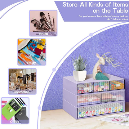 3 Tier Stackable Desk Organizer with 6 Drawers, YOCOMEY Plastic Desktop Storage Box Drawers, Detachable Makeup Storage Office Stationery Supplies Organizer for Office School(Clear)